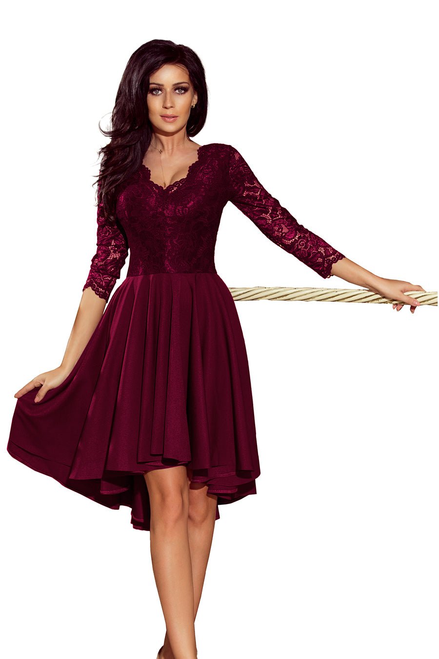Numoco 210 - 13 NICOLLE - dress with longer back with lace neckline - plum - Magsmarts