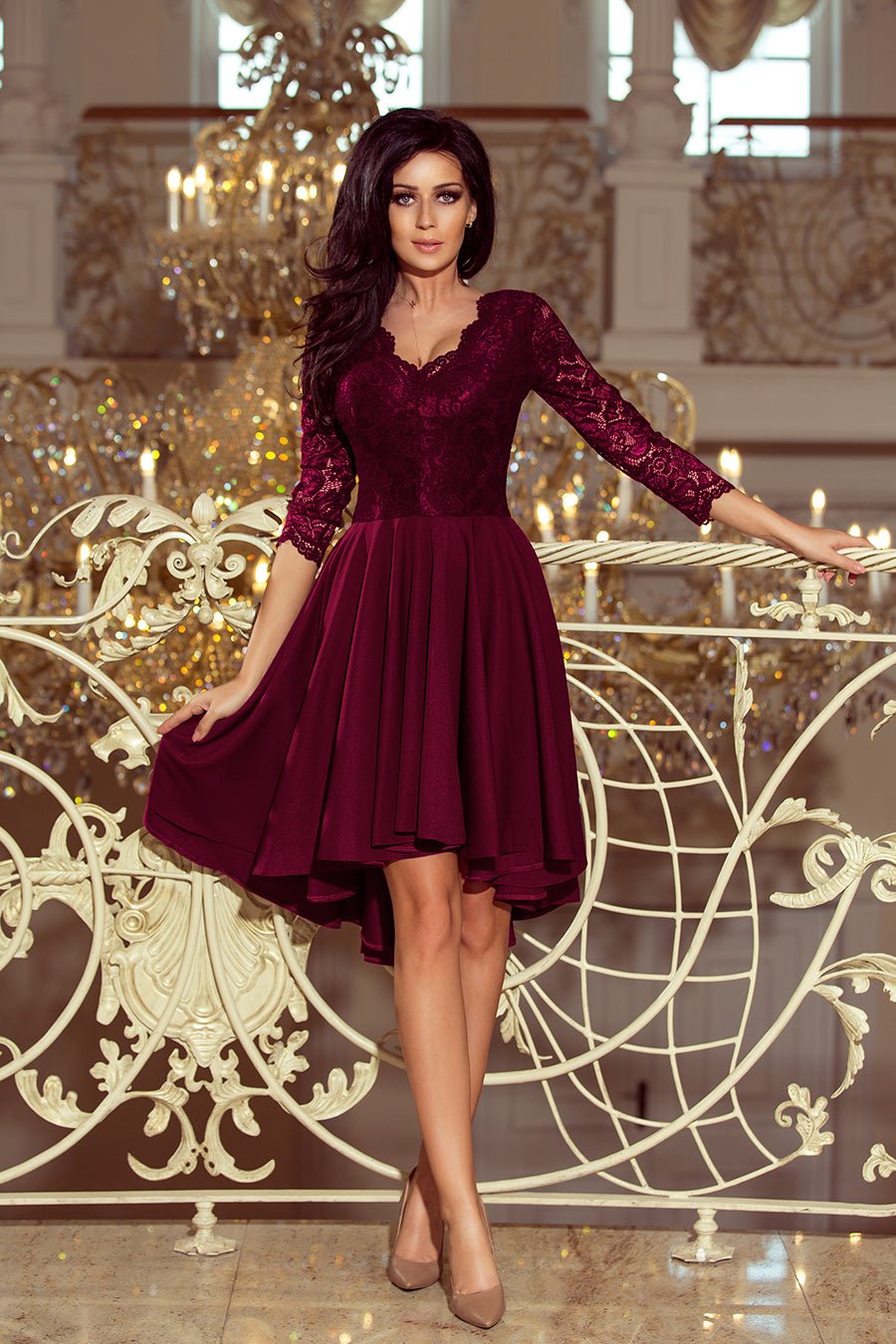 Numoco 210 - 13 NICOLLE - dress with longer back with lace neckline - plum - Magsmarts