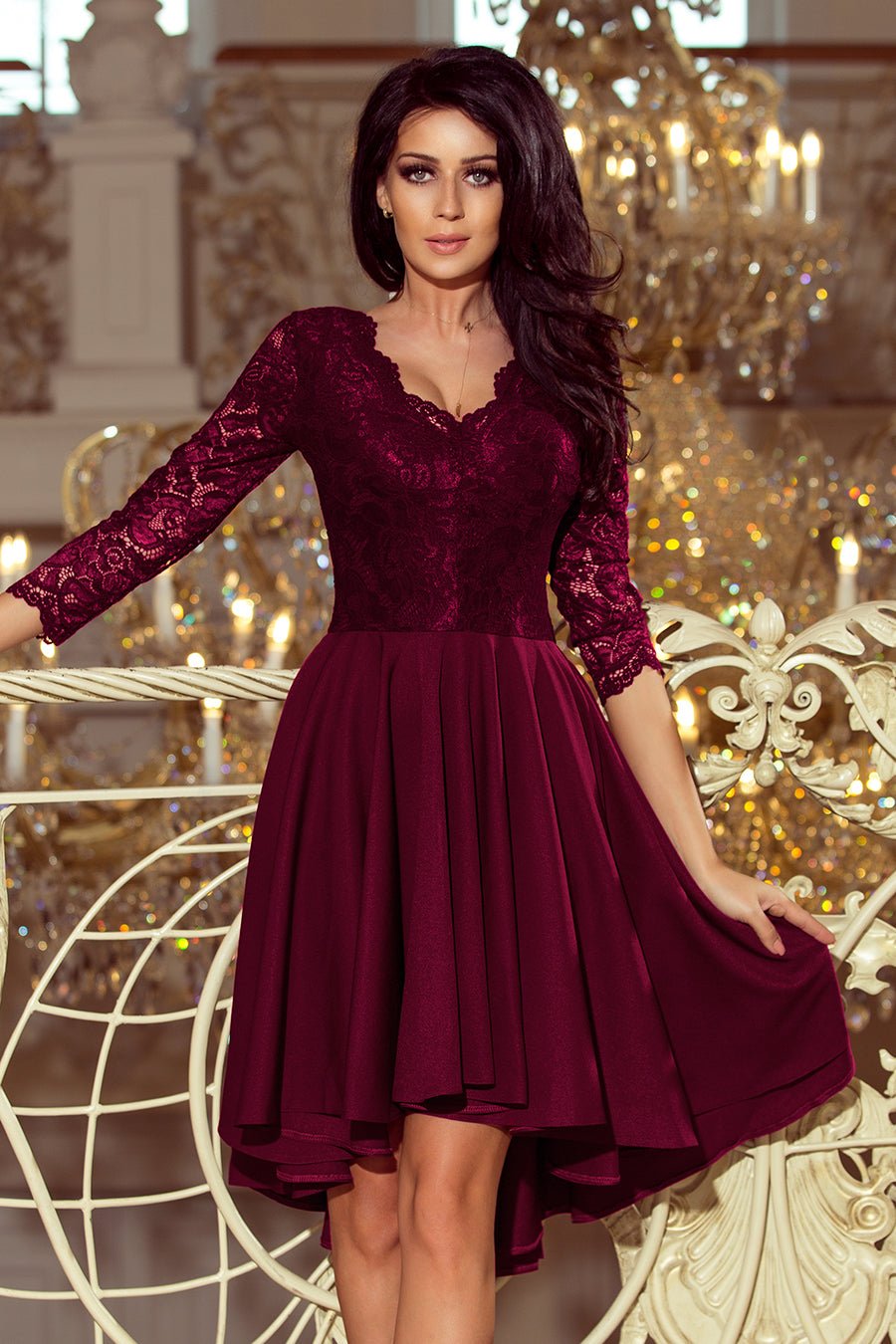 Numoco 210 - 13 NICOLLE - dress with longer back with lace neckline - plum - Magsmarts
