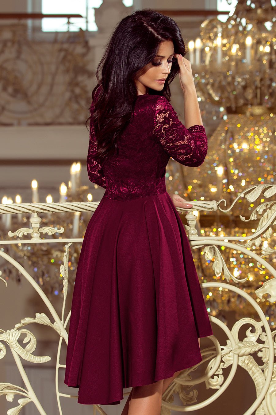 Numoco 210 - 13 NICOLLE - dress with longer back with lace neckline - plum - Magsmarts