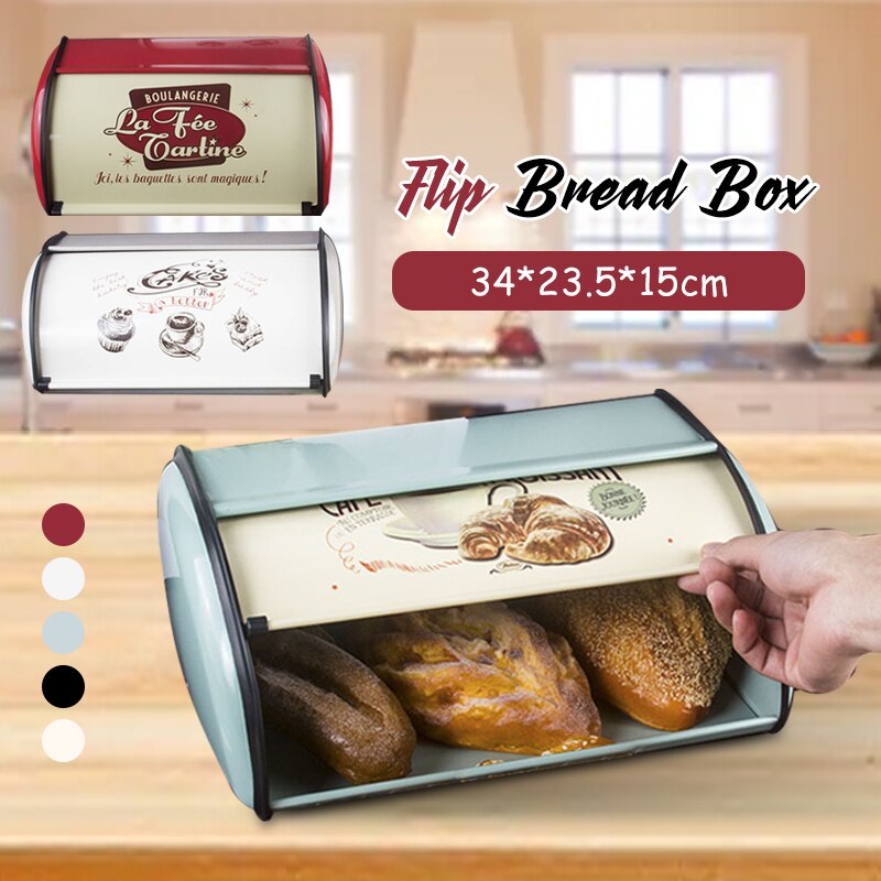 Metal Bread Box Bread Bin Storage Rolltop Lid Kitchen Storage Tools