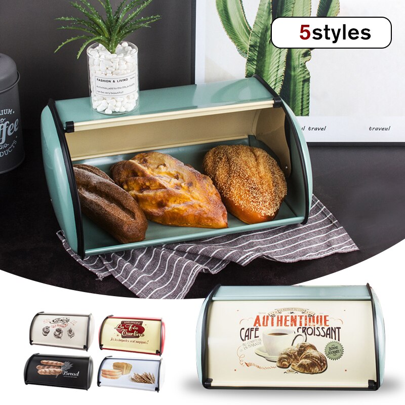 Metal Bread Box Bread Bin Storage Rolltop Lid Kitchen Storage Tools