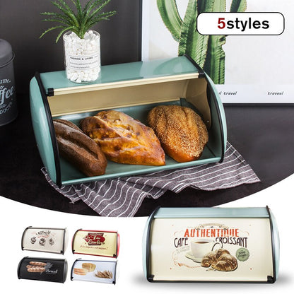 Metal Bread Box Bread Bin Storage Rolltop Lid Kitchen Storage Tools