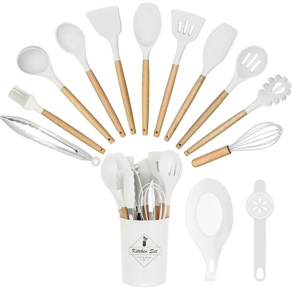 14 - partial kitchen tool set with heat - resistant silicone head and handle, white - Magsmarts