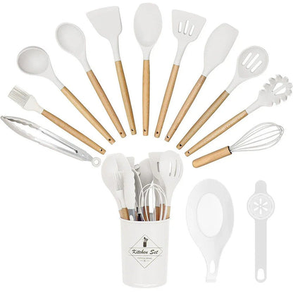 14 - partial kitchen tool set with heat - resistant silicone head and handle, white - Magsmarts
