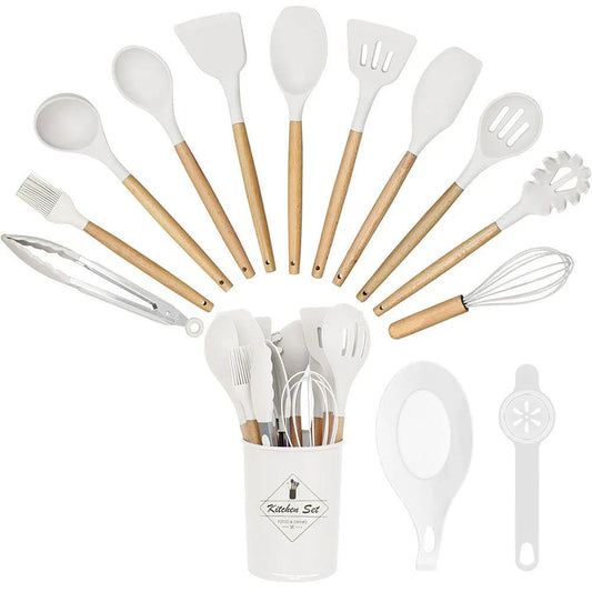 14 - partial kitchen tool set with heat - resistant silicone head and handle, white - Magsmarts