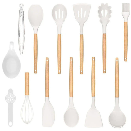 14 - partial kitchen tool set with heat - resistant silicone head and handle, white - Magsmarts