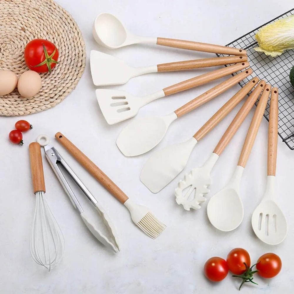 14-partial kitchen tool set with heat-resistant silicone head and handle, white