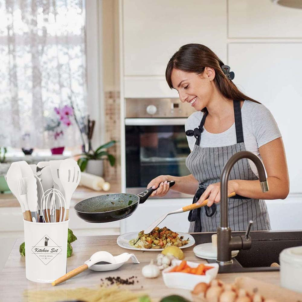 14-partial kitchen tool set with heat-resistant silicone head and handle, white