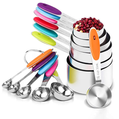 Stainless Steel Measuring Cups and Spoons Set U-Taste Measuring Cups with Silicone Handles for Kitchen, Cooking, Baking