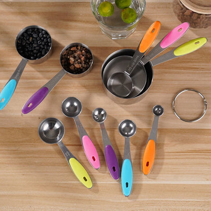 Stainless Steel Measuring Cups and Spoons Set U-Taste Measuring Cups with Silicone Handles for Kitchen, Cooking, Baking